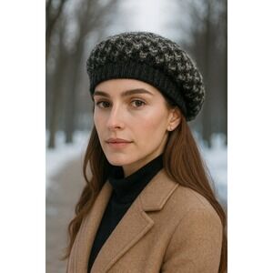 Raffaello Bettini Womens Knit Beret Hat Charcoal Grey Mohair Blend Made in Italy